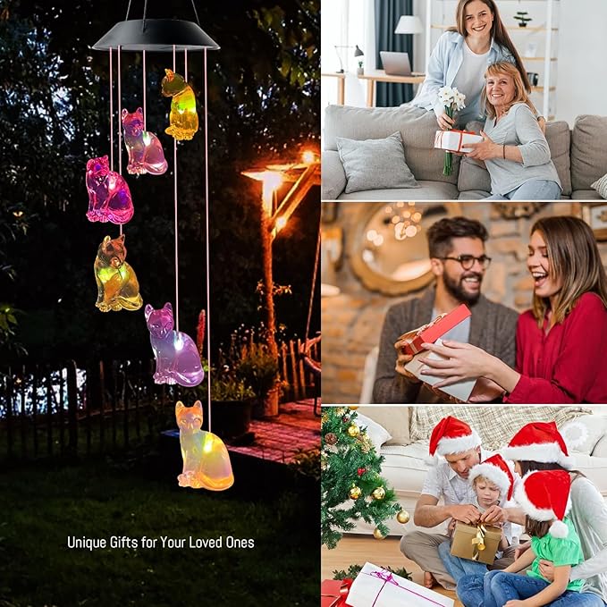 Cat Wind Chimes, Solar Cat Lights for Outside, Gifts for Cats Lovers, Birthday Gifts for Women, Mom, Ded, Grandma, Garden Lawn Yard Outdoor Decor Mobiles Wind Chime, Cats Themed Gift