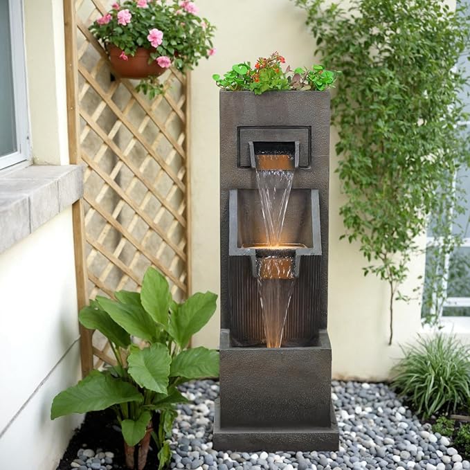 35" H 3-Tier Indoor/Outdoor Modern Water Fountain with LED Lights and Pump, Outdoor Freestanding Cascading Waterfall - Suitable for Garden, Patio, Porch, Yard and Outdoor Decor (Brown)
