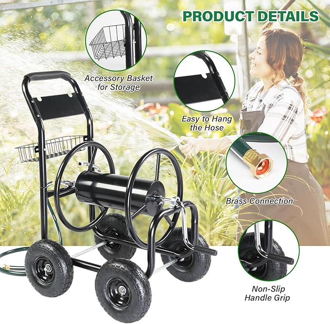 VINGLI 4-Wheel Garden Hose Reel Cart with Storage Basket, Portable Residential Hose Reel Cart, Lawn Watering, for Garden Backyard and Farm