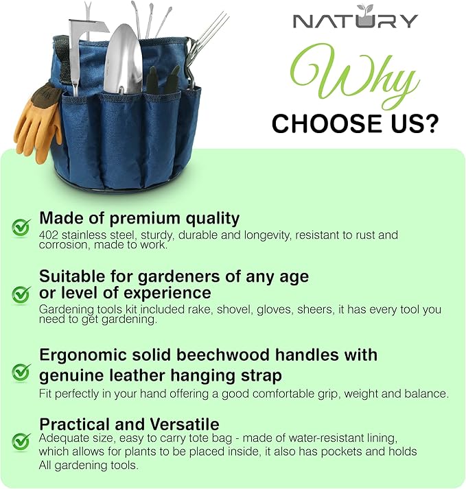 Garden Tools Set โ Premium Stainless Steel Gardening Hand Tools with Solid Beechwood Handle โ Gardening Kit with Rake, Shovel, Gloves, Shears, Tool Organizer โ Garden Gifts for Women and Men