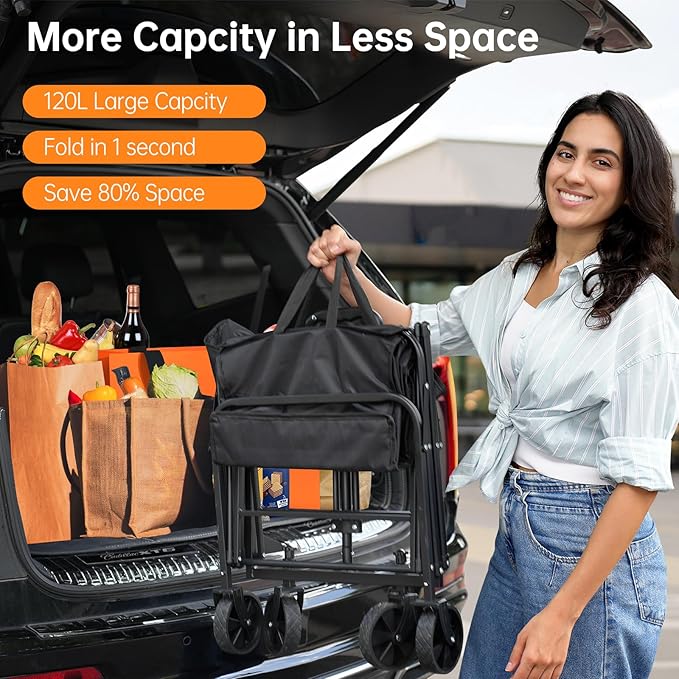 Collapsible Wagon Cart Foldable Beach Wagon with All-Terrain Wheels - 380 LBS Heavy Duty Grocery Cart for Shopping, Beach, Camping, Sports, Garden (Black)