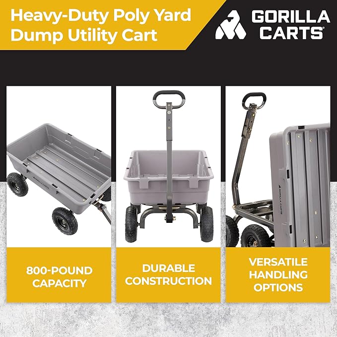 Gorilla Carts Heavy-Duty Poly Dump Cart, 5 Cu Ft Tub, 800 lb Haul Capacity, Gray – Towable Utility Wagon with Quick-Release Dumping & Pneumatic Tires for Yard, Landscaping and Gardening