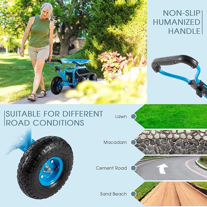 Rolling Garden Tool Cart with Seat Heavy Duty Scooter with Handle and Storage for Seniors Garden Cart on Wheel,Blue