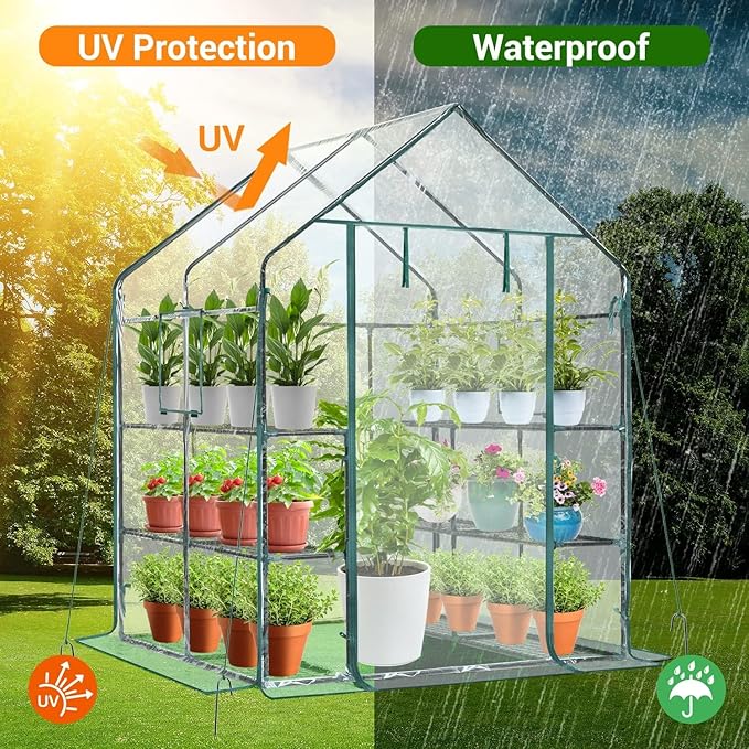 Ohuhu Plastic Greenhouse for Outdoors: Portable Walk in Plant Green House with Improved Transparent PVC Cover, 3 Tiers 12 Shelves Stands Small Greenhouses Backyard Green Houses for Outside Heavy Duty