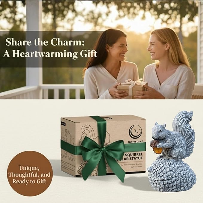 Solar Garden Statue – Hand-Painted Resin Squirrel on Pinecone with Glowing LED Acorn – Charming Yard, Patio & Balcony Decor – Gift for Mom, Grandma & Garden Lovers