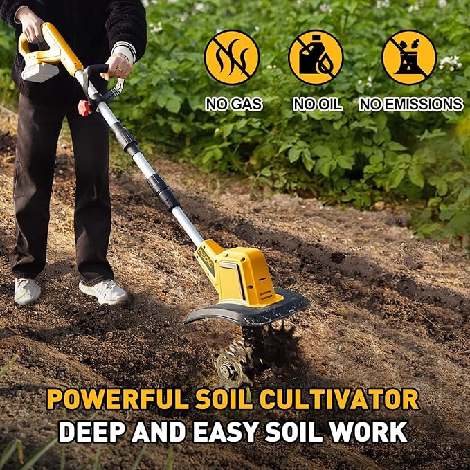 DEVONIC Cordless Electric Garden Tiller,330RPM Electric Garden Tiller, 8 in Tilling Width and 6 in Depth Garden Rototiller for Lawn/Gardening/Soil Cultivation (Without Battery)