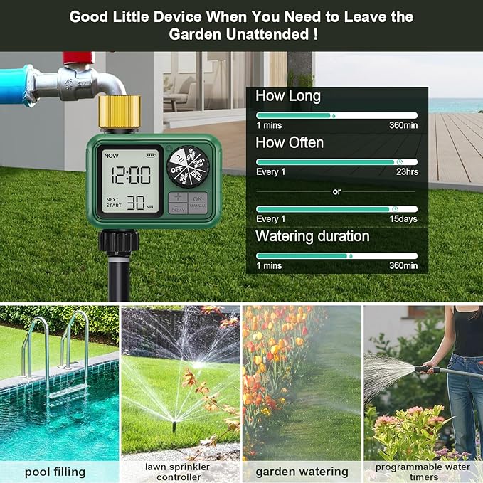 Sprinkler Timer Brass, Programmable Water Timer with Rain Delay, Manual& Automatic System for Garden Hose Faucet, Waterproof Gardening Supplies Irrigation Controller Watering Lawn Evenly& Efficiently