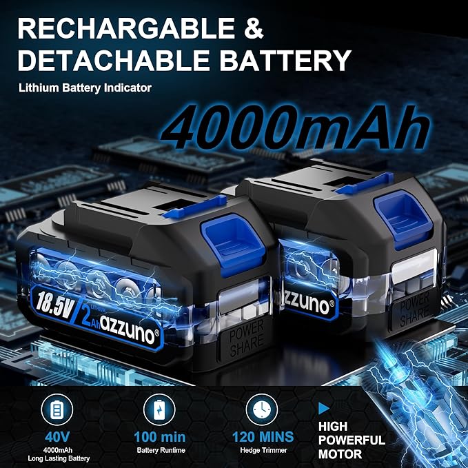 AZZUNO Cordless Hedge Trimmer, 2-in-1 Electric Grass Shears Shrubbery Trimmer with 2Ah Battery,Handheld Grass Cutter Shrub Trimmer for Gardens, Yards, Lawns, Including Charger(2 Batteries)