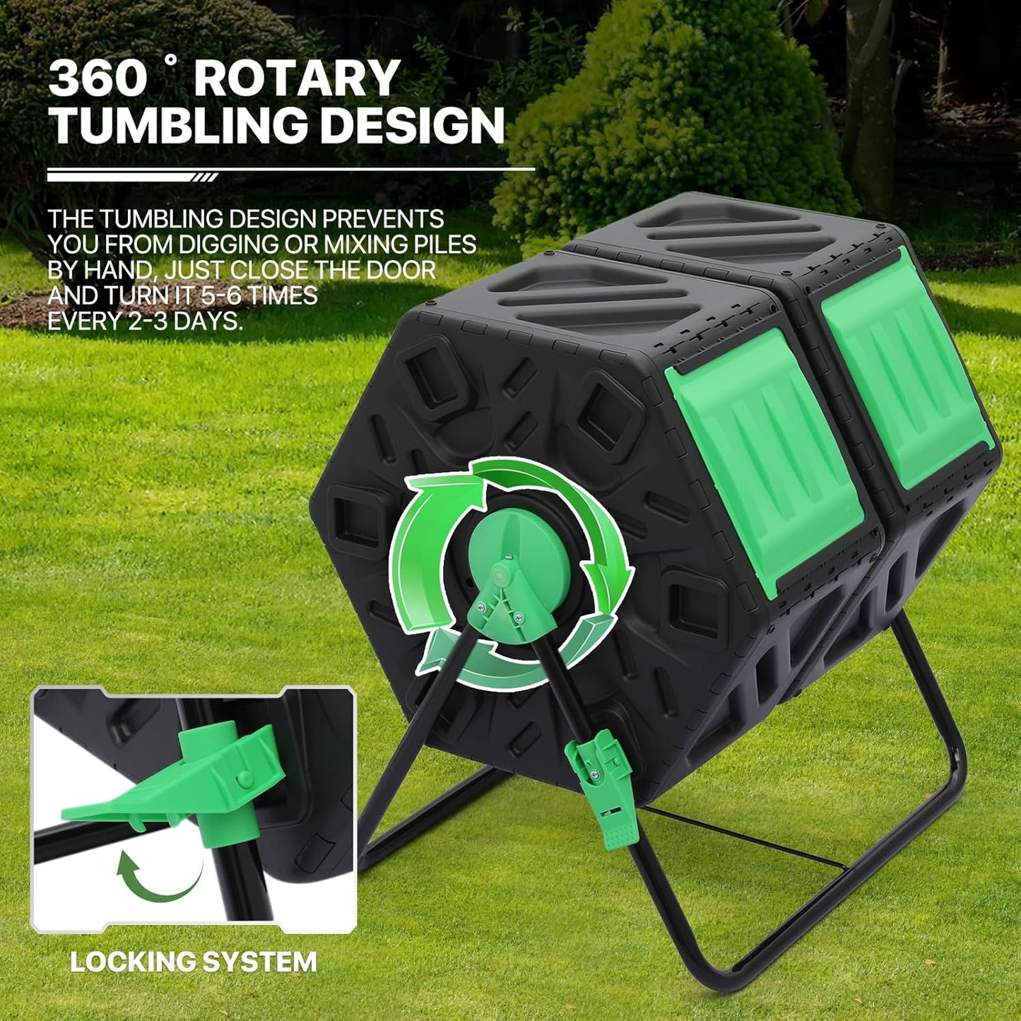 MoNiBloom 34 Gallon Compost Bins Outdoor Dual Chamber Composter Tumbler, All-Season Fast Working Tumbling Composter, High Volume Composter with 2 Sliding Doors