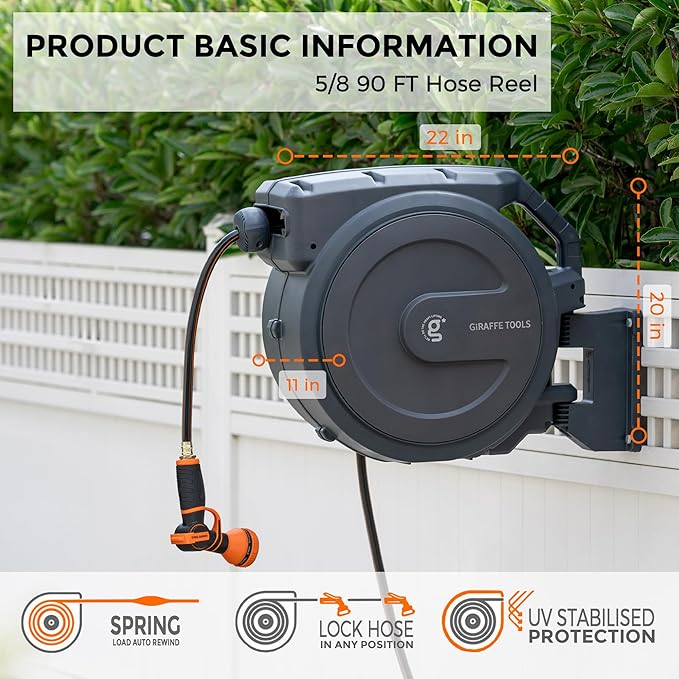 Giraffe Tools AW40 Retractable Hose Reel 5/8" x 90 ft Wall Mounted Garden Hose Reel Heavy Duty, Automatic Rewind, 180 Deg Swivel, Any Length Lock, 9 Pattern Nozzle, 90 ft, Dark Grey