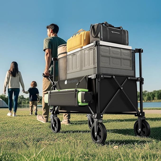 Folding Wagon Cart Foldable with Wheels, Adjustable Decker 150L-300L Capacity, All-Terrain Wheels & Brake, 450LBS Heavy Duty Collapsible Wagon for Beach, Camping, Outdoor