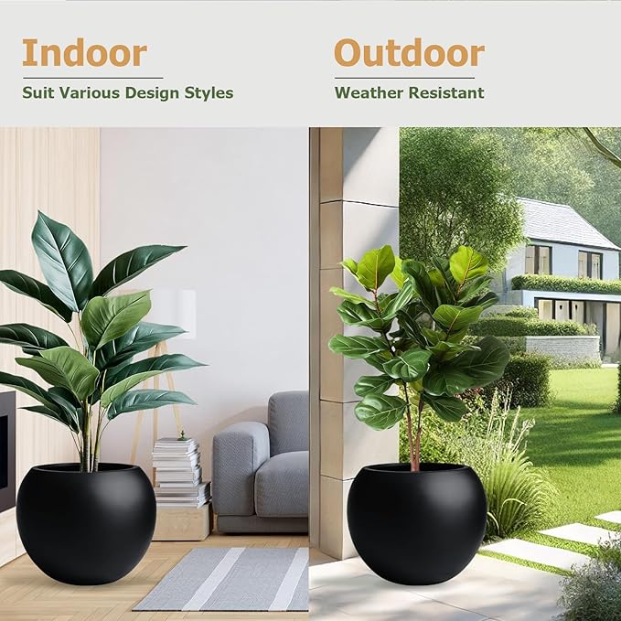 16" H x 20" D Globo Fiberstone Round Planter with Drainage Hole, Weather Resistant, Smooth Finish, Planters for Indoor Plants & Outdoor, 2 Extra Coco Mats (Black, 13.5" Pot Opening)