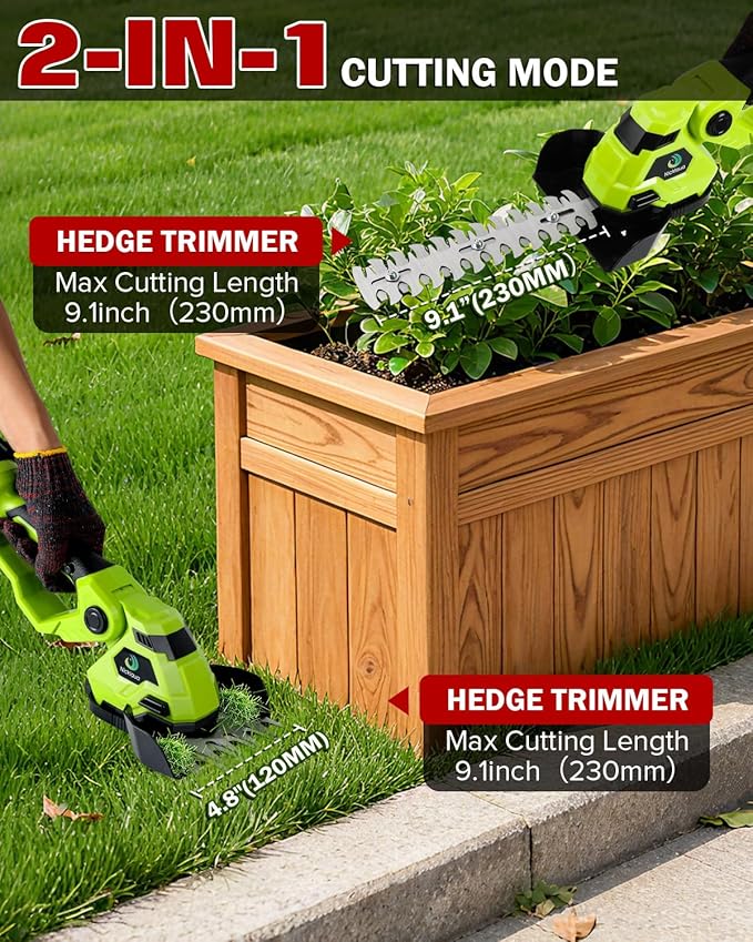 Cordless Hedge Trimmer,2-in-1 Hedge Trimmer,Cordless Grass Shear & Shrubbery Trimmer with Dual-Action Blade Cutting Capacity,Hedge Shear with 2 PCS Rechargeable Battery and Charger for Garden,Lawn