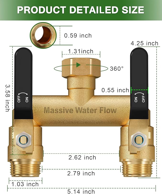 Hose Splitter 2 Way Heavy Duty, Full Flow Garden Hose Splitter with 2 Long Metal Handles, Brass Rust and Freeze Resistant Water Hose Bib Splitter, T Adapter Connector with 3/4 - Inch GHT Thread(Black)