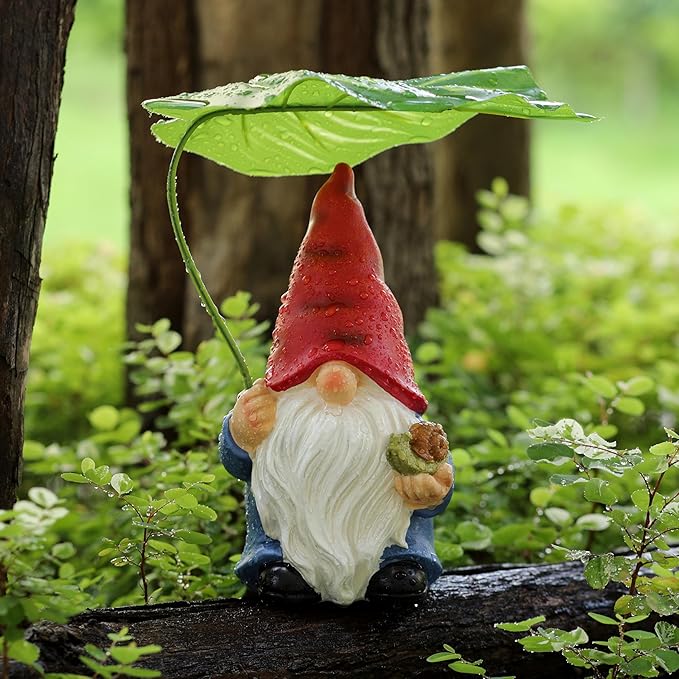 Garden Gnome Statue Decoration with Leaf Umbrella, 7.5” Figurine Ornament for Indoor Outdoor Home Patio Yard Lawn, for Gnome Lovers & Garden Enthusiasts,Mom,Women