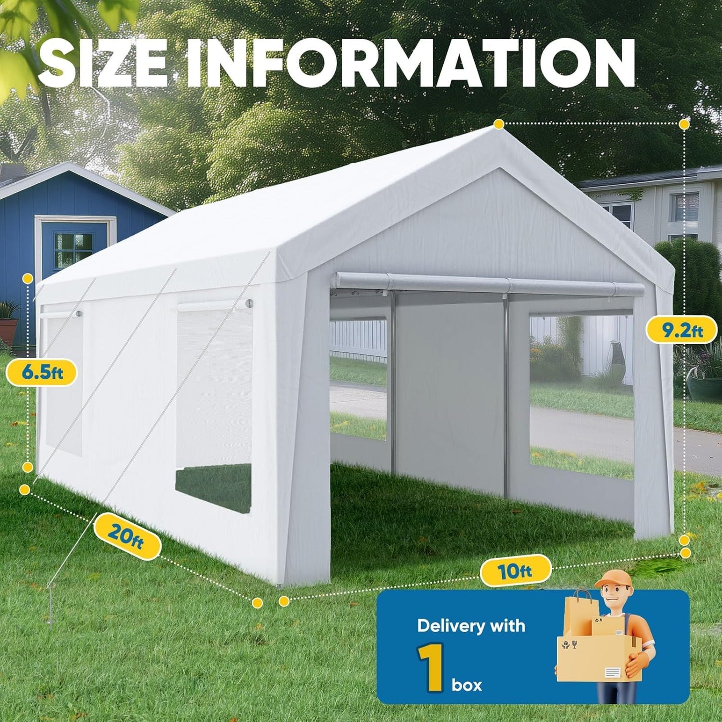Quictent 10x20 ft Heavy Duty Carport Canopy Galvanized Car Tent Outdoor Garage Boat Shelter with Reinforced Structure with Roll-up Ventilated Windows Sidewall - White