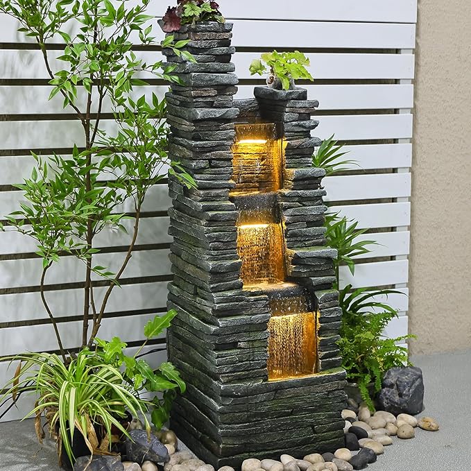 47 in High Water Fountain Outdoor Garden 3 Tier Cascading Large Outdoor Fountains and Waterfalls with LED Lights for Garden, Patio, Backyard, Deck, Porch and Home Art Decor, Natural Stones