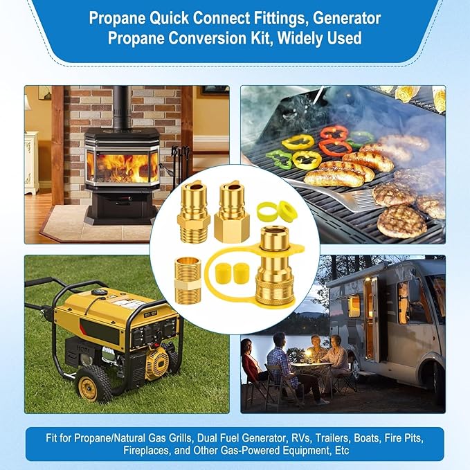 1/2" Gas Quick Connect Kit, 1/2" Natural Gas Quick Connect Fittings Kit – 4 Pcs Solid Brass Natural Gas & Propane Quick Disconnect Fittings, 1/2 inch Hose Quick Connect Adapter.