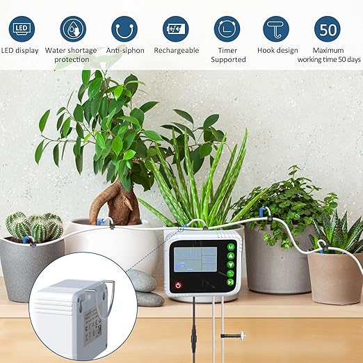 SoulBay Automatic Indoor Drip Irrigation Kit, Programmable Water Timer LCD Display, Self Watering System for 15 Potted Plants, USB Rechargeable
