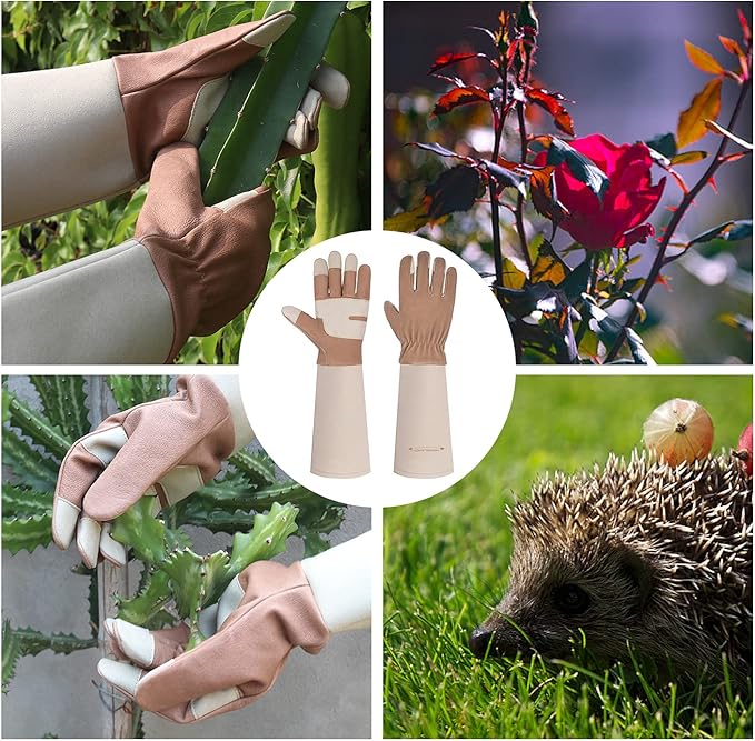 HANDLANDY Long Gardening Gloves for Men & Women, Thorn Proof Rose Pruning Gloves Leather Gauntlets Garden Glove Yard Work Glove (Small, Brown)