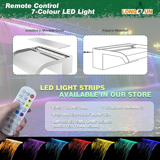 Waterfall Pool Fountain, LONGRUN Stainless Steel Waterfall Spillway for Pools and Ponds - 23.6" Wide Decorative Water Feature for Swimming Pools, Koi Ponds, and Garden