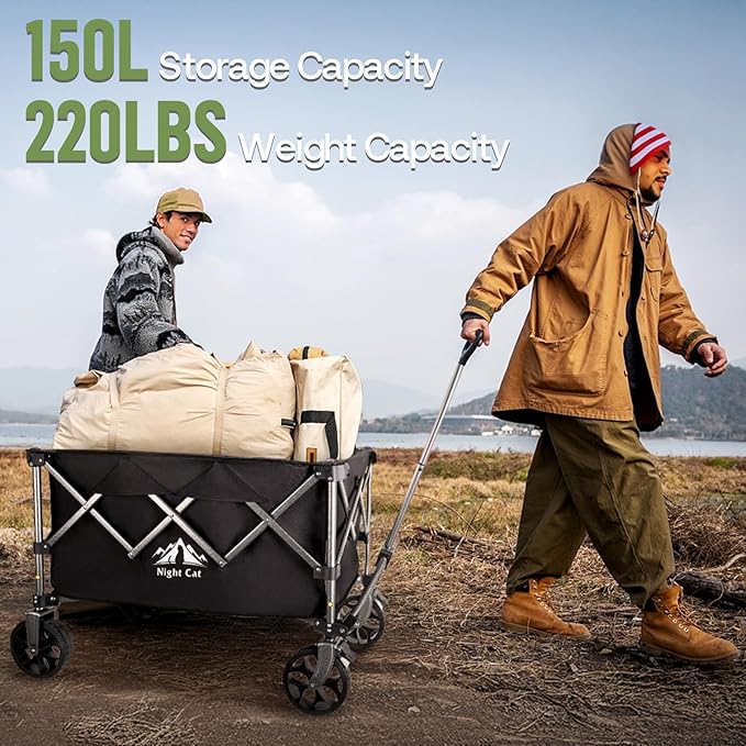 Night Cat Collapsible Wagon for Camping: 150L Garden Gart with Wheels Heavy Duty - Folding Utility Wagon for Outdoor