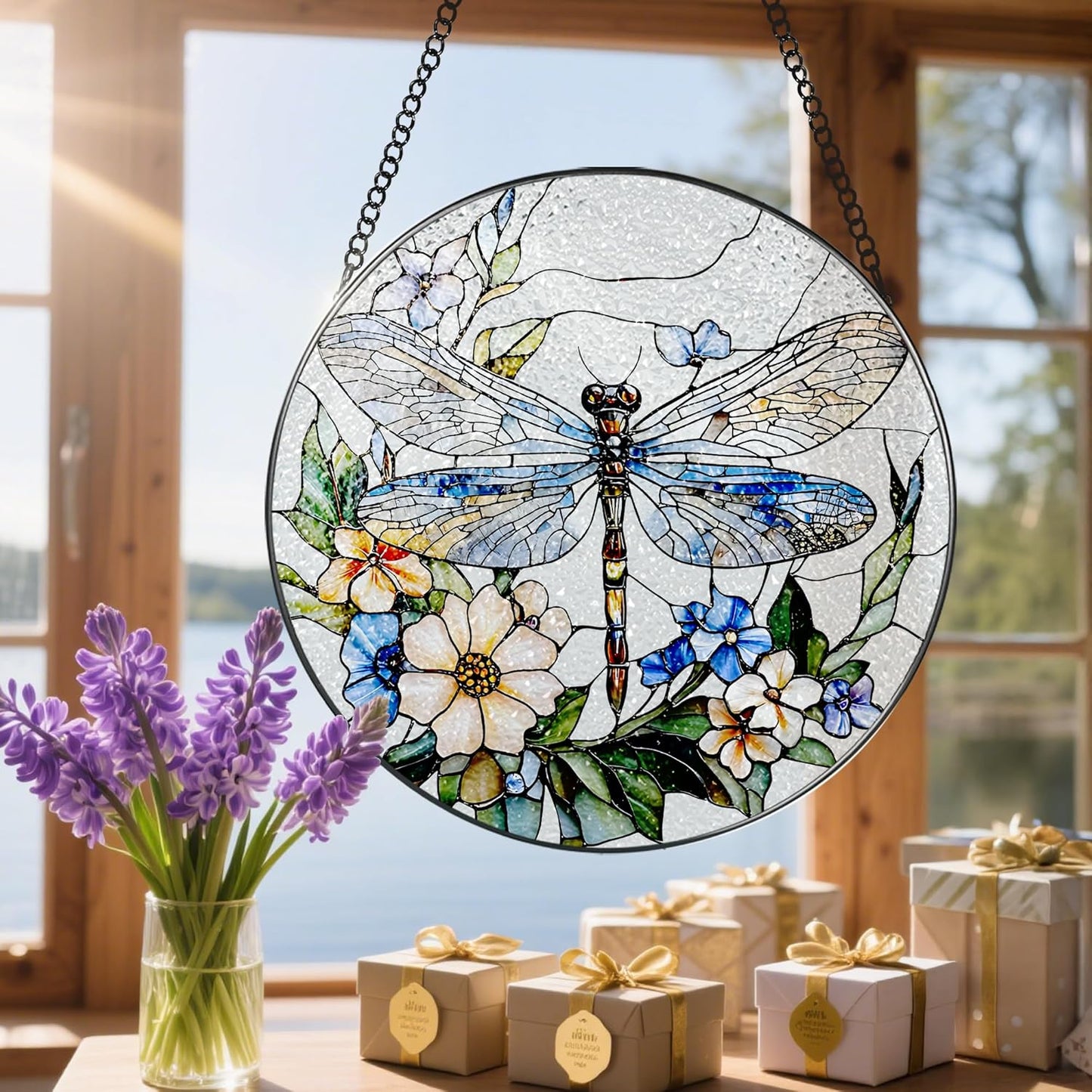 Stained Glass Window Hanging, 8 Inch Dragonfly Stained Glass Suncatcher, Sun Catchers Indoor Window, Dragonfly Decor, Mother's Day, Christmas, Birthday Gift, Gifts for Mom, Sisters, Bestie, and Woman
