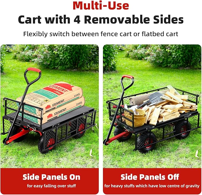 GarveeLife 880 LBS Steel Garden Dump Cart, Heavy Duty Yard Dump Utility Wagon w Removable Mesh Sides, Utility Metal Wagon w 180° Rotating Handle, 10 in Wheels Perfect for Garden, Farm, Yard