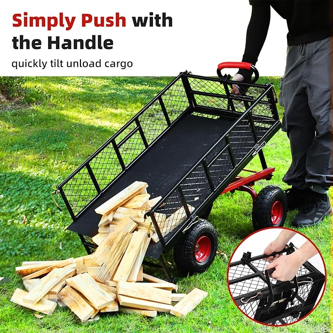 GarveeLife 880 LBS Steel Garden Dump Cart, Heavy Duty Yard Dump Utility Wagon w Removable Mesh Sides, Utility Metal Wagon w 180° Rotating Handle, 10 in Wheels Perfect for Garden, Farm, Yard