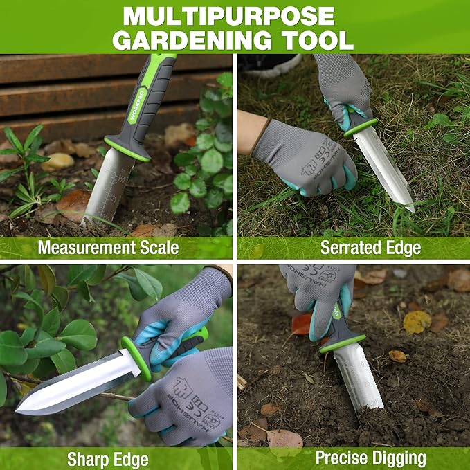 WORKPRO Hori Hori Garden Knife, 7" Stainless Steel Blade with Cutting Edge, Garden Tools with Oxford Sheath, Ergonomic TRP Handle with Hanging Hole for Weeding, Planting, Digging, Green