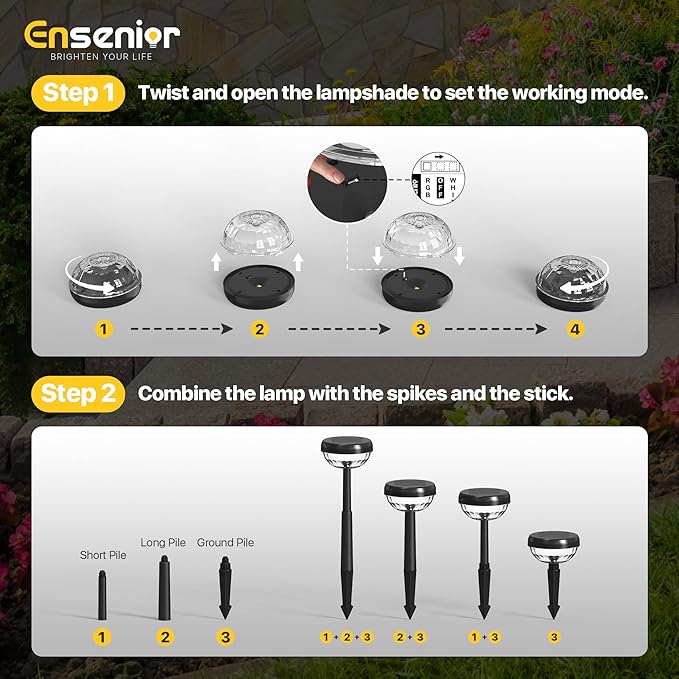 Ensenior Color Changing Solar Lights Outdoor, Auto ON/Off 6500K White Light & RGB LED Solar Garden Lights for Pathway, Yard, Patio, Waterproof, Energy-Efficient Landscape Lighting, 8-Pack