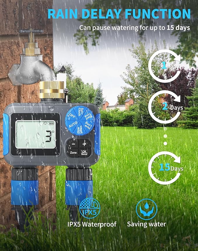 Sprinkler Timer, 2 Zone Programmable Hose Timers for Watering with Brass Swivel, Digital Irrigation Controller System with Rain Delay/Manual/Automatic Watering for Outdoor Garden Yard Lawn