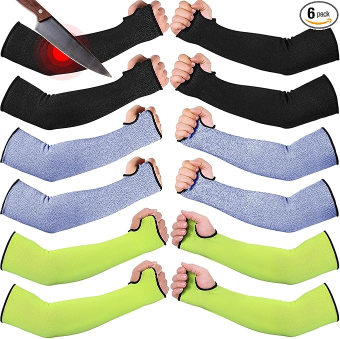 JaGely 6 Pairs Level 5 Cut Resistant Sleeves with Thumb Hole 18 Inches Arm Protection Sleeve Farmer Gardening (Black,Blue,Green)