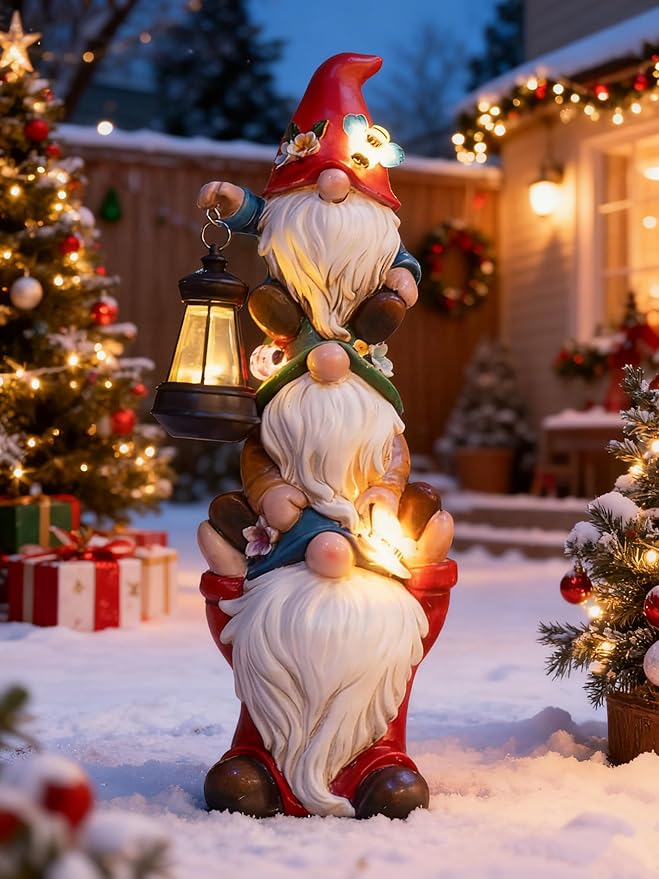 Christmas Garden Gnome Statue with Solar Lights Garden Sculptures Funny Triple Gnome Outdoor Patio Lawn Yard Balcony Home Decor Birthday Gifts for Women Mom Grandma 12 in Thanksgiving Gnome