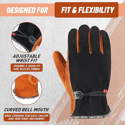 HLDD HANDLANDY 2 Pairs Leather Work Gloves for Men & Women – Cowhide Gardening Gloves, Thorn Proof, Cotton Lined, for Tig/Mig Welding, Construction, Chainsaw, Farm, Landscaping