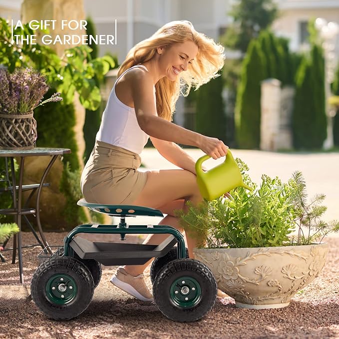 Garden Cart with Seat Outdoor Gardening Carts Heavy Duty Rolling Garden Stools Scooter with Handle and Storage for Seniors, Green