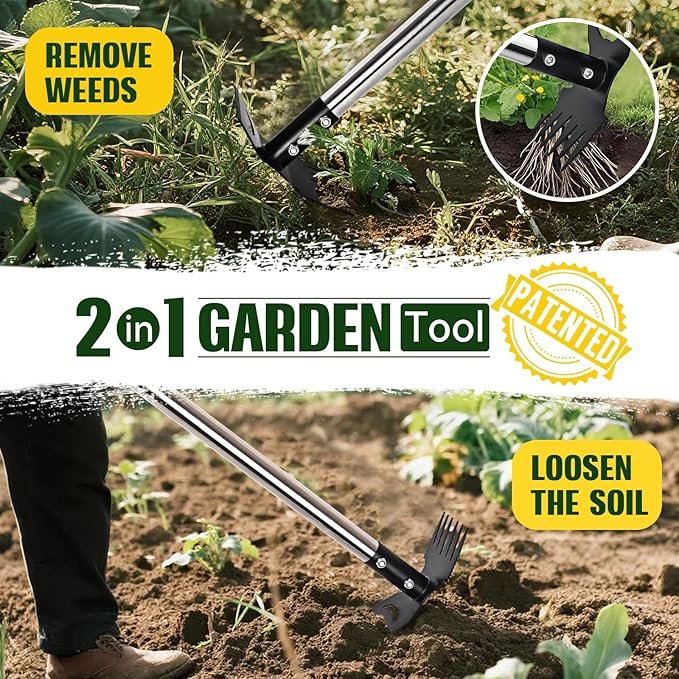 Weed Puller Tool with Long Handle - 58" Manual Weeder Remover Tool, 2 in 1 Hand Weed Rake and Garden Hoe for Gardening, Heavy Duty Uprooting Weeding Pull for Yard, Lawn, Patio and Garden