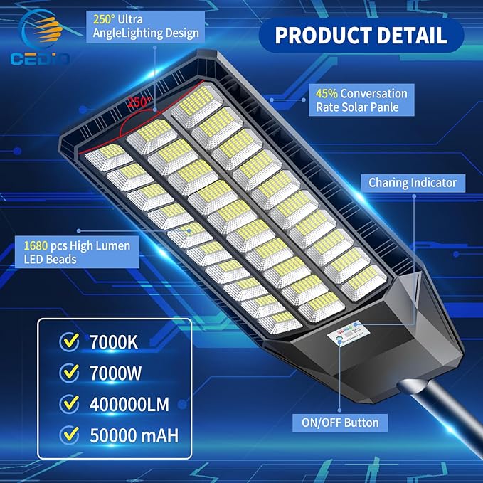 CEDIO Outdoor Solar Street Lights, Solar Lights IP66 Waterproof LED Street Light Dusk to Dawn, Flood Light with Motion Sensor for Yard (8500W-1PACK)
