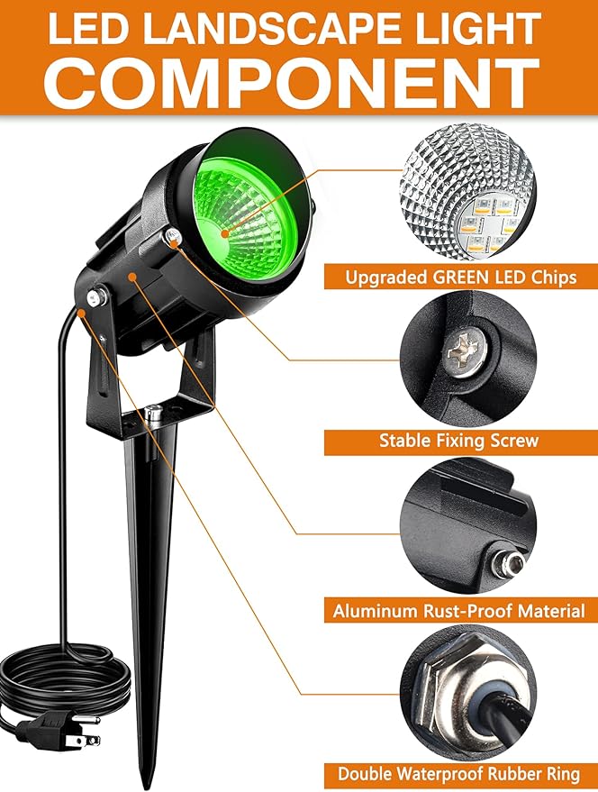 Halloween Green Landscape Lights Outdoor, 7W 110v 120V LED Landscape Lighting IP66 Waterproof Outdoor Spotlights for Garden Yard Pathway Tree, 4 Pack/ Green Landscape Lights,Directly sold by Factory