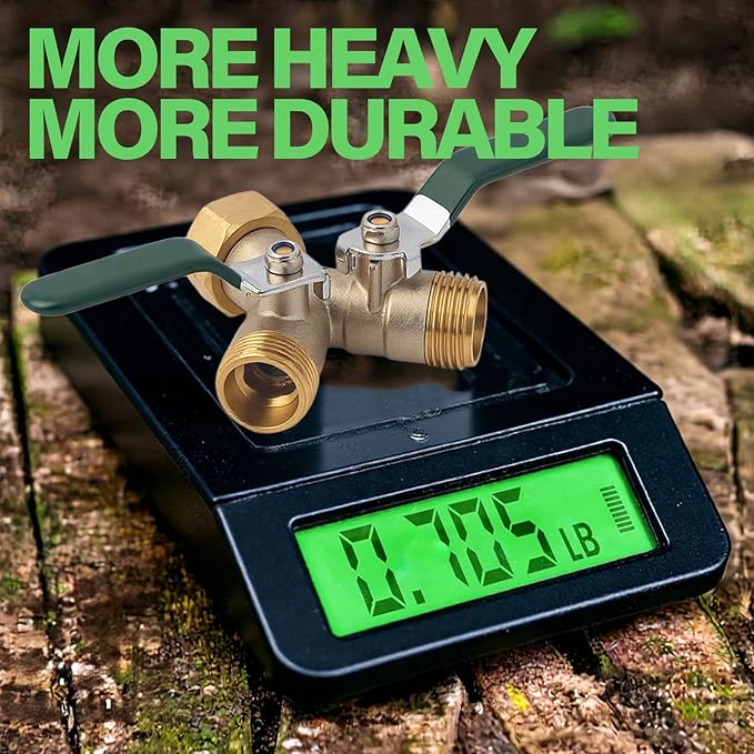 Brass Garden Hose Splitter 2 Way Heavy Duty Adapter, Y Splitter with Shutoff Valve Outdoor Faucet Splitter, 3/4 Inch GHT Thread Connection and Extended Handle Double Hose Bib Splitter