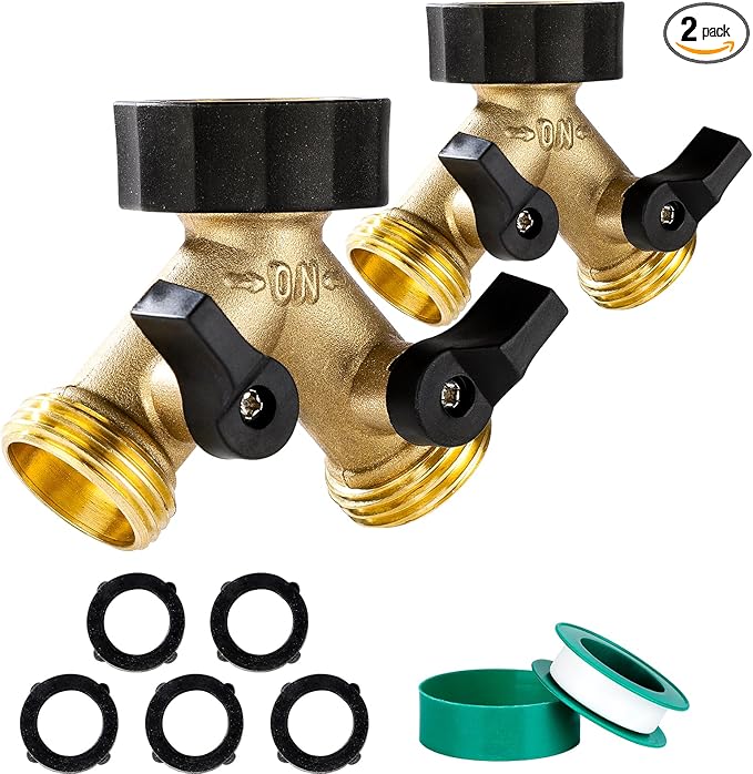 Dalmbox Garden Hose Splitter 2 Way, Y Connector Brass Garden Hose Adapter, Water Hose Splitter, Double Shut Off Valve, Includes 5 Rubber Washers & Teflon Tape(2 pack)