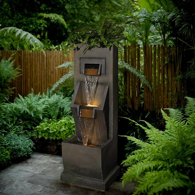 35" H 3-Tier Indoor/Outdoor Modern Water Fountain with LED Lights and Pump, Outdoor Freestanding Cascading Waterfall - Suitable for Garden, Patio, Porch, Yard and Outdoor Decor (Brown)