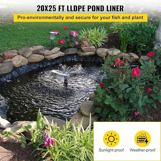 20x25 ft Pond Liner, 20 Mil Thickness, Pliable & Durable LLDEP Material, Easy Cutting & UV Resistant, for Fish or Koi, Features, Waterfall Base, Fountains and Water Gardens