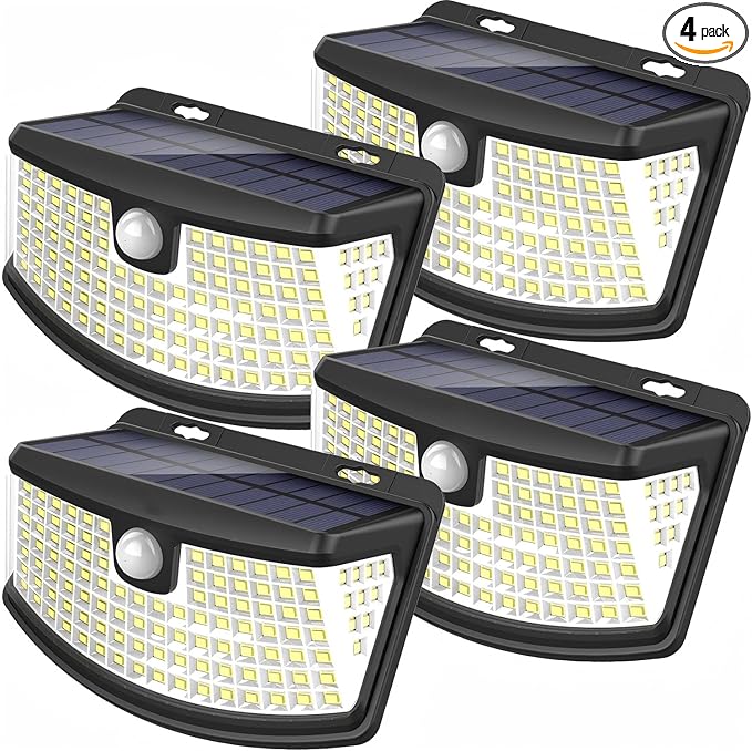 Aootek New Solar Motion Sensor Lights 120 LEDs with Lights Reflector,270° Wide Angle, IP65 Waterproof, Step Lights for Front Door, Yard, Garage, Deck (Back Button 4-Pack)
