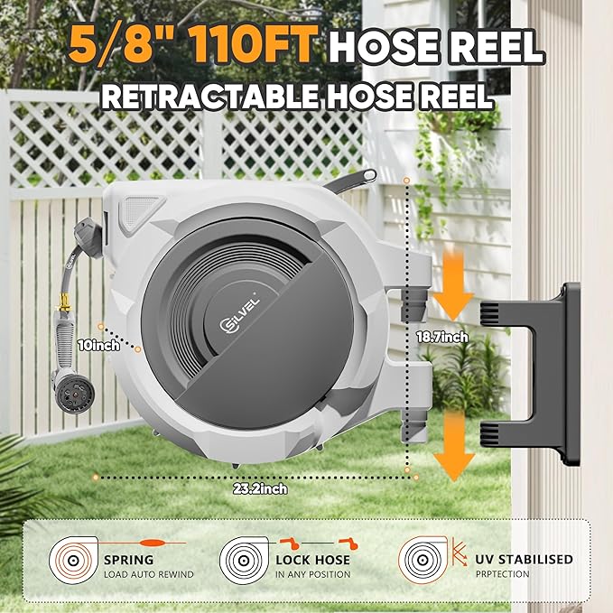 SILVEL Retractable Garden Hose Reel – 5/8 in x 110FT Heavy Duty Automatic Hose Reel Wall Mounted, Upgraded UV Resistant with 10 Pattern Nozzle, Any Length Lock & Slow Return System, 180°Swivel Bracket