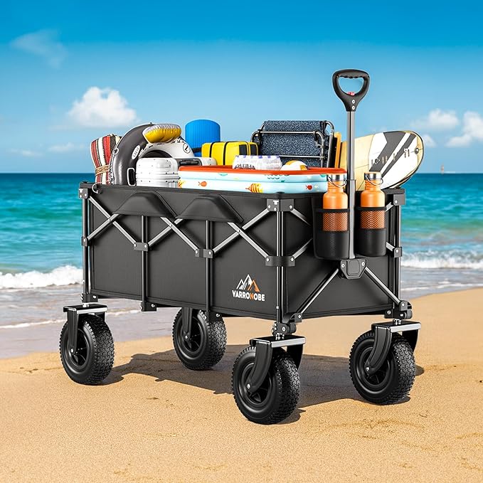 Beach Wagon with 10x3.5 Big Rubber Wheels for Sand, 400lbs Heavy Duty 220L Collapsible Utility Wagon, Easy Transport & Storage, Ideal for Sport, Camping, All-Terrain Outdoor Activities, Black