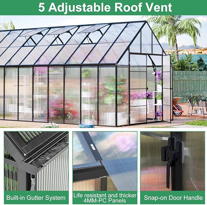 CDCASA 10x20 FT Greenhouse for Outdoors,Large Easy Assembly Large Polycarbonate Greenhouse Aluminum Greenhouses w/4 Vents Window, Swing Door Walk-in Green House for Ouside,Backyard,Garden, Black