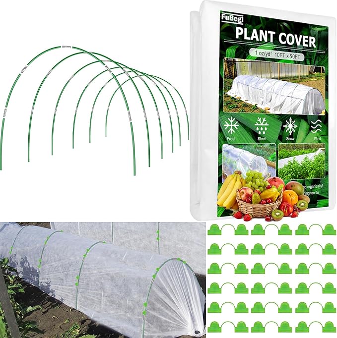 Plant Cover Freeze Protection 10x50ft Garden Hoops Kit for Winter, Fabric Floating Row Cover Frost Cloth Outdoor Plant Blanket for Frost Snow Protection, Greenhouse Garden Tunnel Hoops for Raised Beds