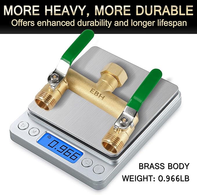 EBH Garden Hose Splitter, 2-Way High Flow Heavy Duty Brass Outdoor Hose Manifold with Extra Long Handles Full Flow Faucet Adapter- 3/4” GHT(Green)