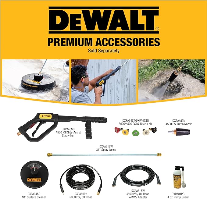 DeWalt DXPW3425E-S 3400 PSI Gas Pressure Washer, 2.5 GPM Axial Cam Pump, 208cc Recoil with Electric Start Engine, Spray Gun and Wand, 5 QC Nozzles, 5/16-in. x 25-ft. Hose, 49-State
